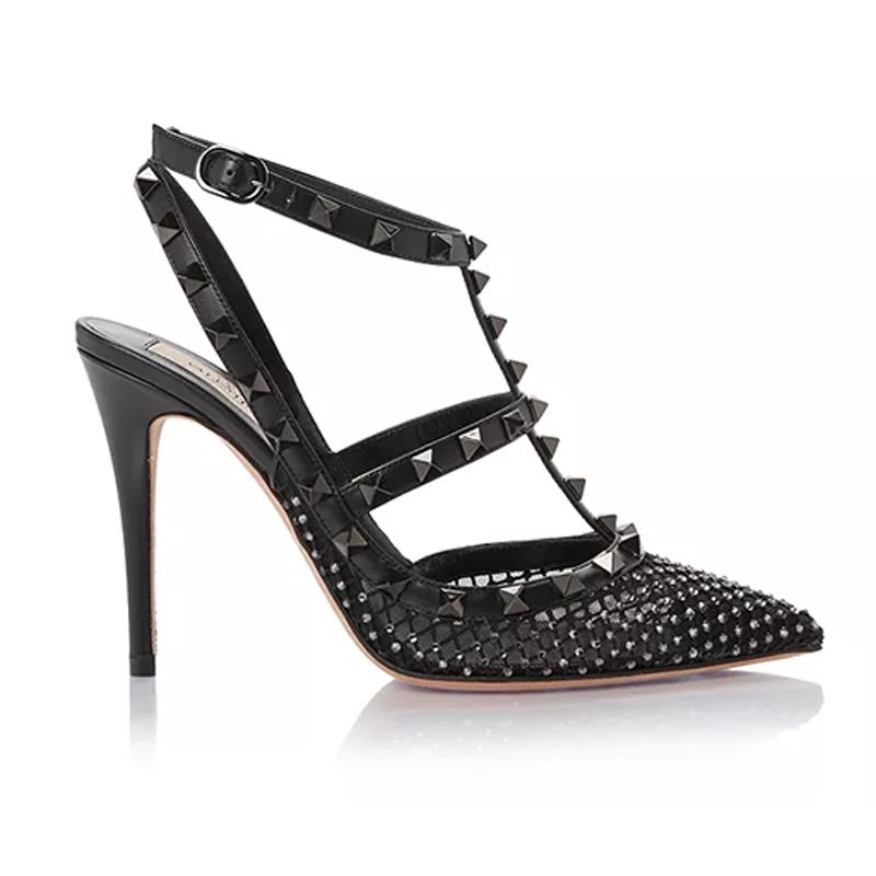 opp france Black pointed rivet yarn mesh dot diamond temperament women’s high heels