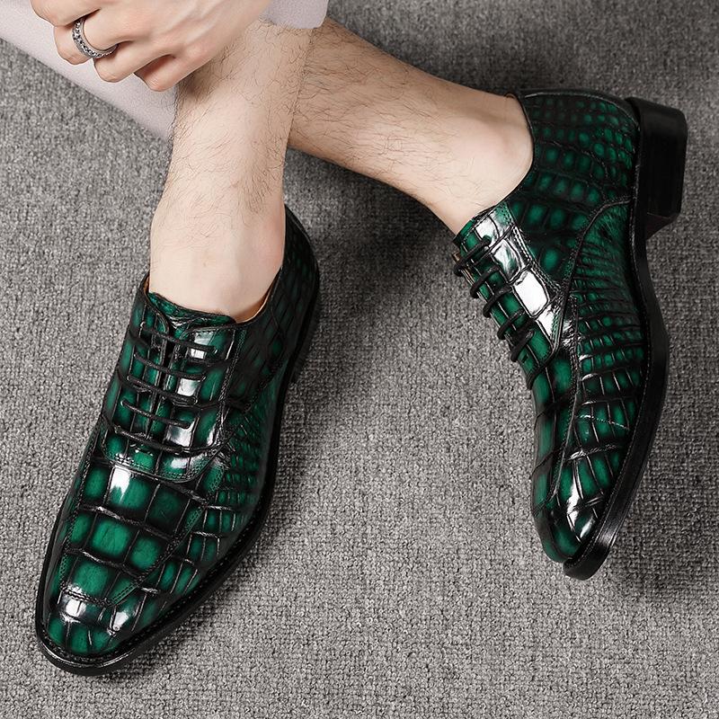 Opp France Green Handmade Crocodile Leather Oxfords