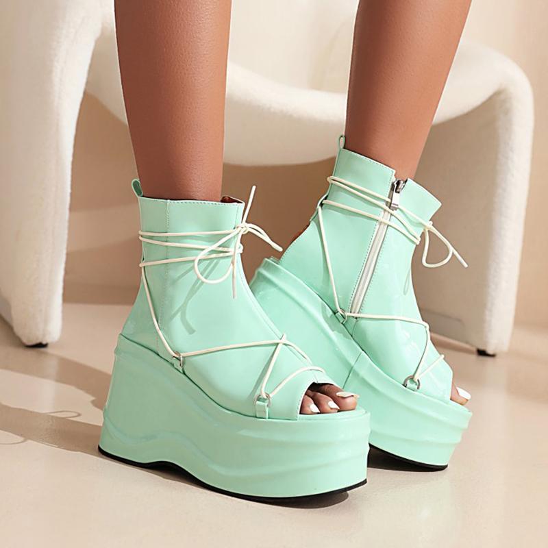 Opp France Lace-Up Platform High Heel Sandals Green