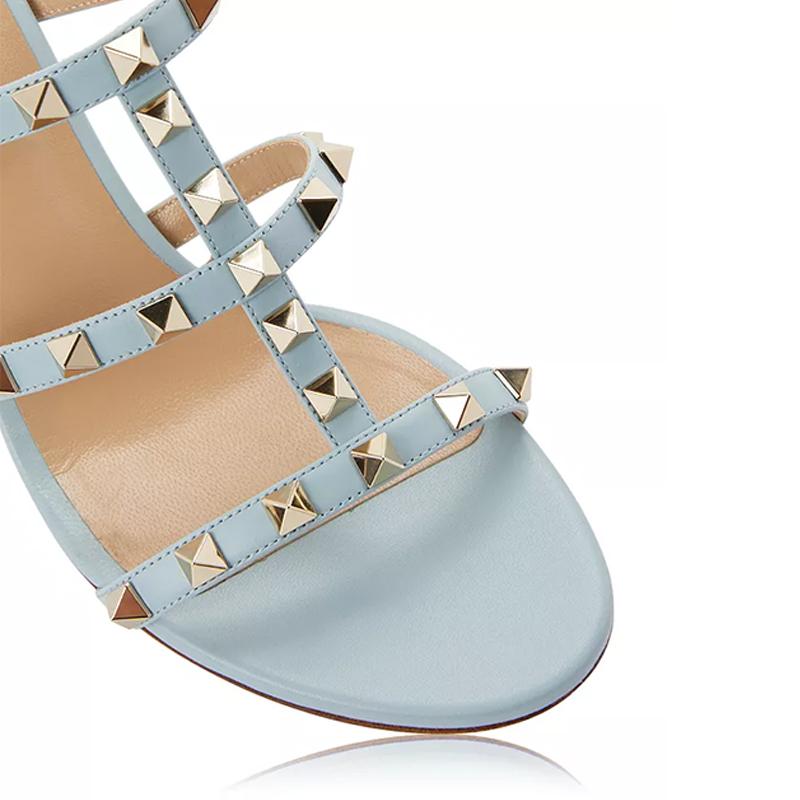 Opp France Light Blue Chunky Heel Rivet Fashionable Women’s High Heel Sandals