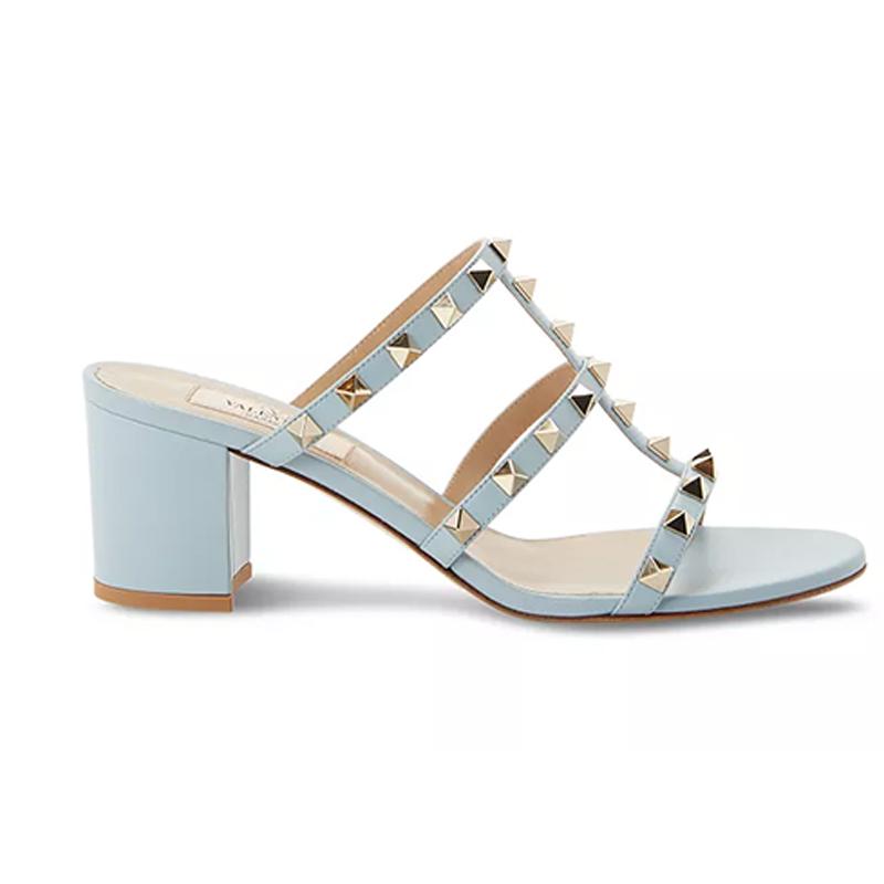 opp france Light blue chunky heel rivet fashionable women’s high heel sandals