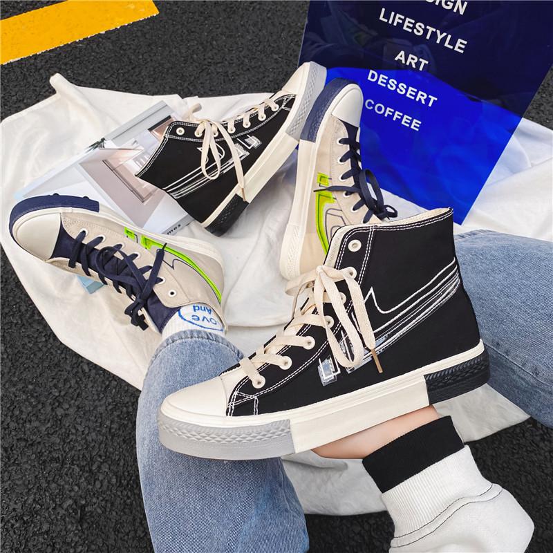 Opp France Men High Top Stitching Color Canvas Shoes Black