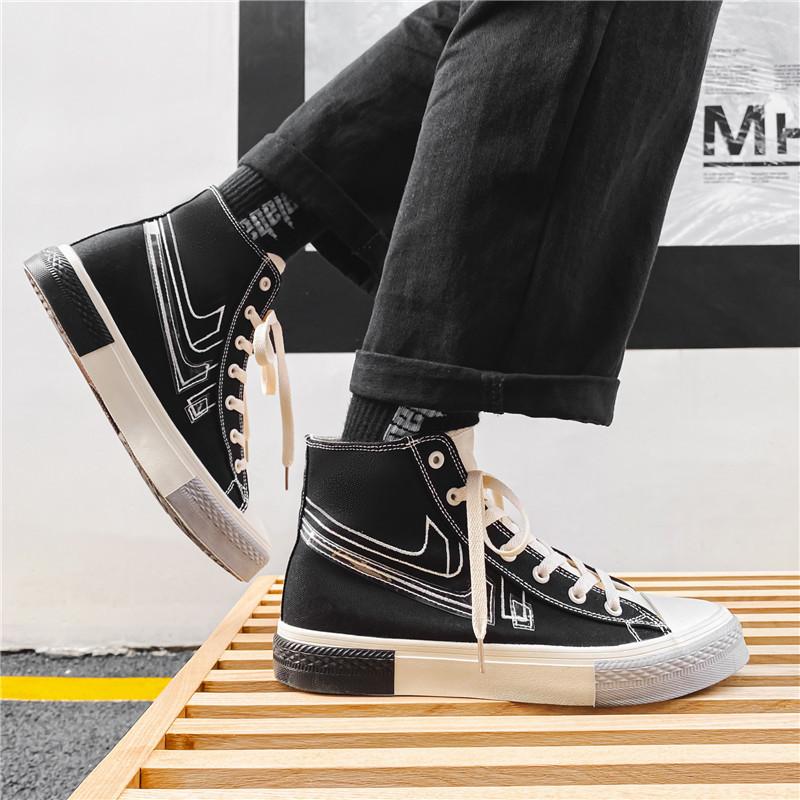 Opp France Men High Top Stitching Color Canvas Shoes Black