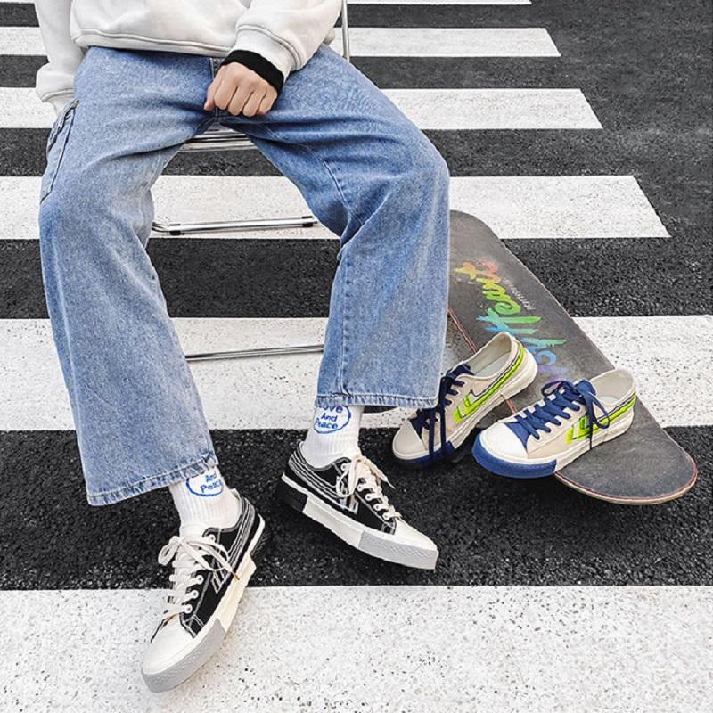 Opp France Men Low Top Stitching Color Canvas Shoes Black