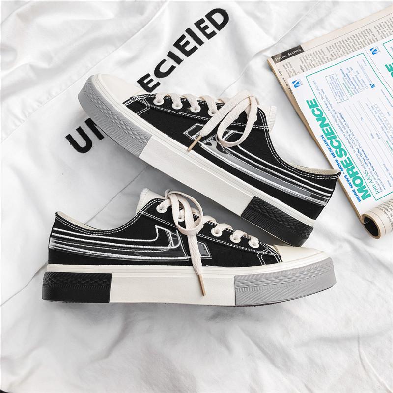 Opp France Men Low Top Stitching Color Canvas Shoes Black