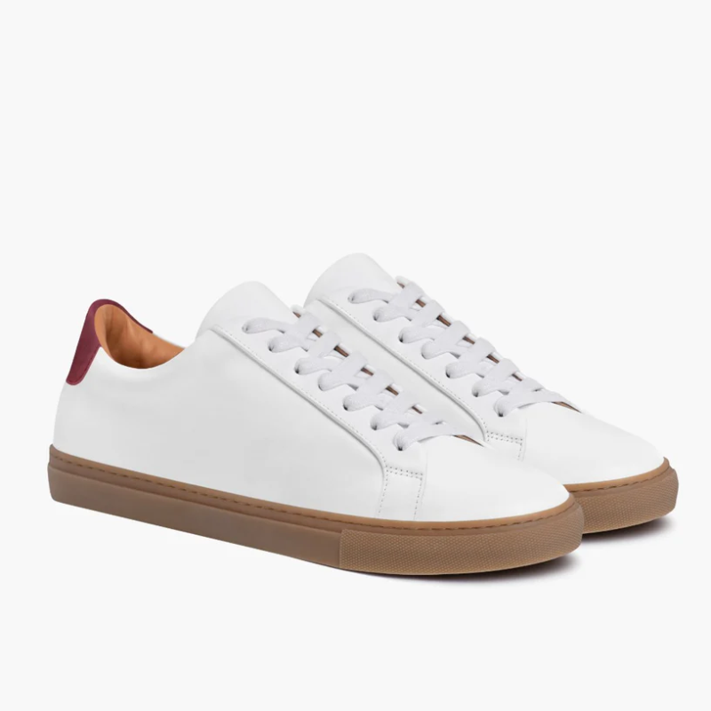 Opp France Men’s Lace-up Simple Soft Leather Casual Shoes White X Burgundy