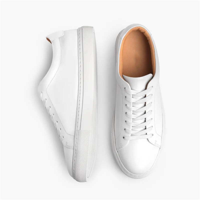 Opp France Men’s Lace-up Simple Solid Color Soft Leather Casual Shoes White