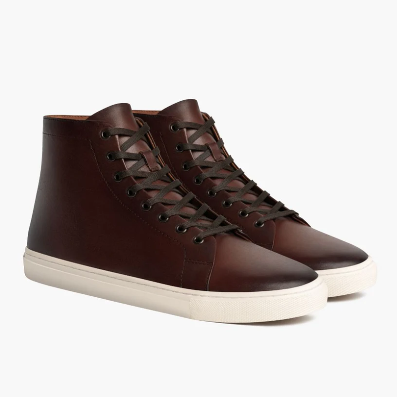 Opp France Men’s Solid Color High Top Lace-up Simple Leather Casual Shoes Coffee