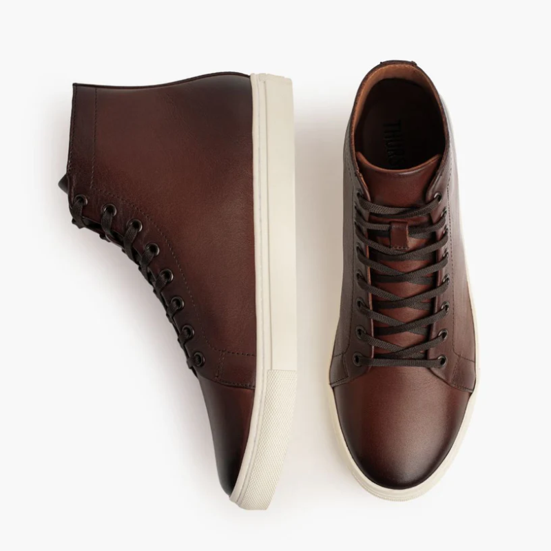 Opp France Men’s Solid Color High Top Lace-up Simple Leather Casual Shoes Coffee