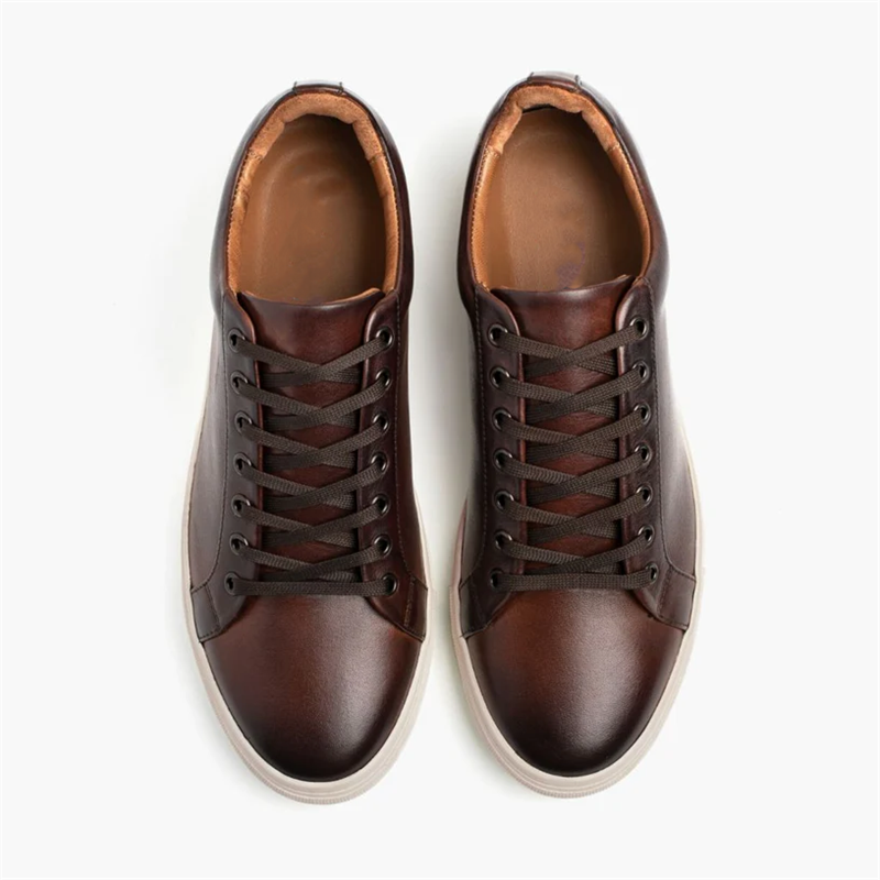 Opp France Men’s Solid Color Lace-up Soft Leather Simple Casual Shoes Coffee