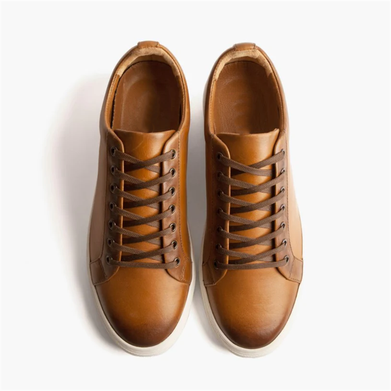 Opp France Men’s Solid Color Lace-up Soft Leather Simple Casual Shoes Toffee