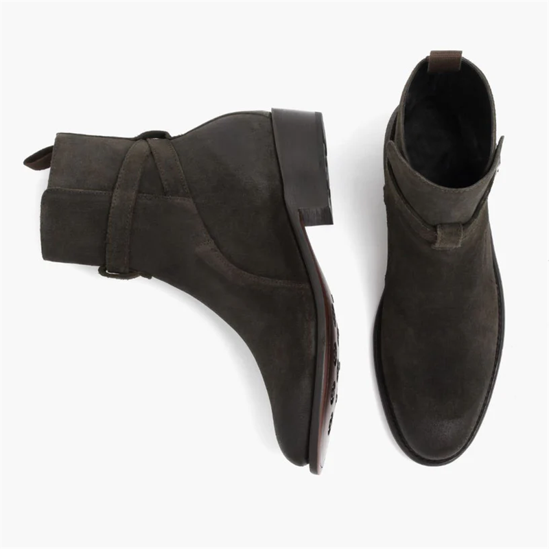 Opp France Men’s Trendy Retro Square Buckle Leather Strap Boots Dark Olive Suede