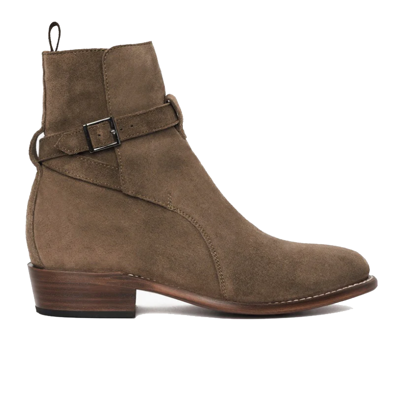 opp france Men’s Trendy Retro Square Buckle Leather Strap Boots Taupe