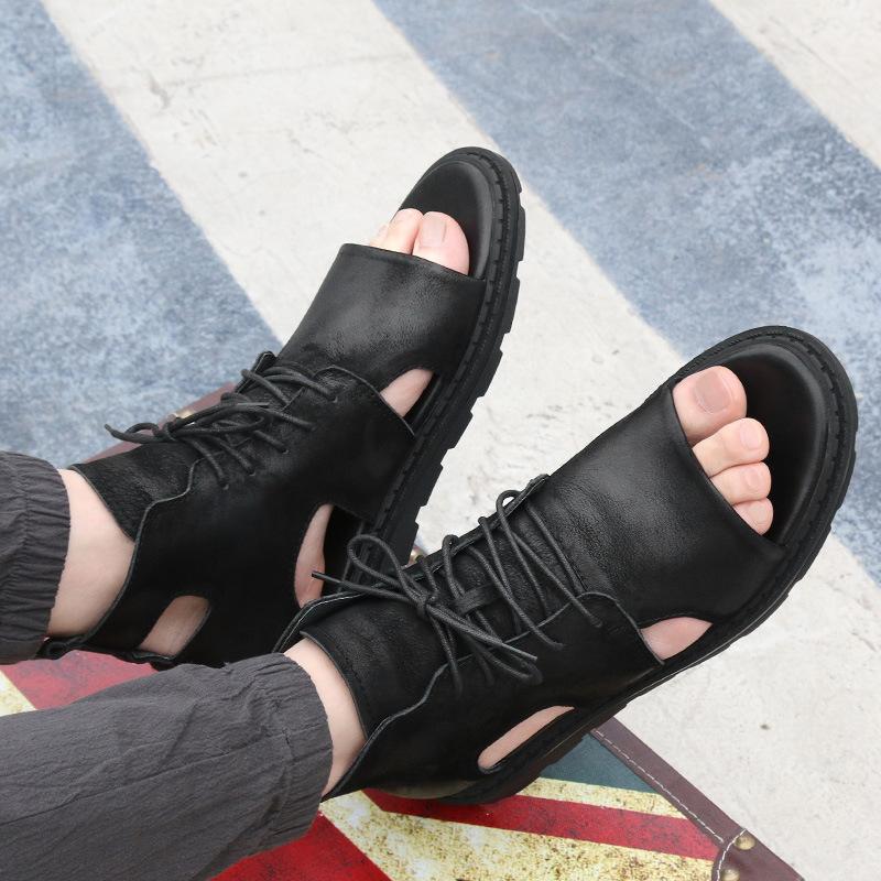 Opp France Men High Top Leather Sandals Black