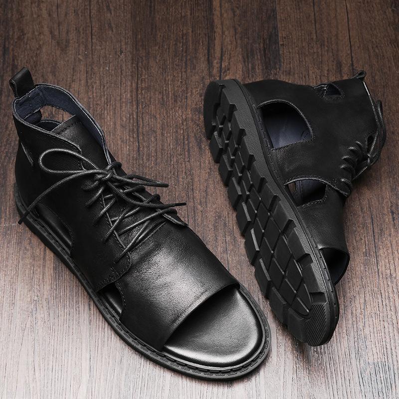 Opp France Men High Top Leather Sandals Black
