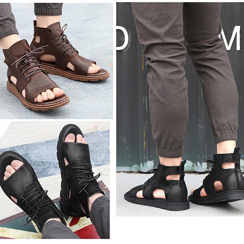 Opp France Men High Top Leather Sandals Black