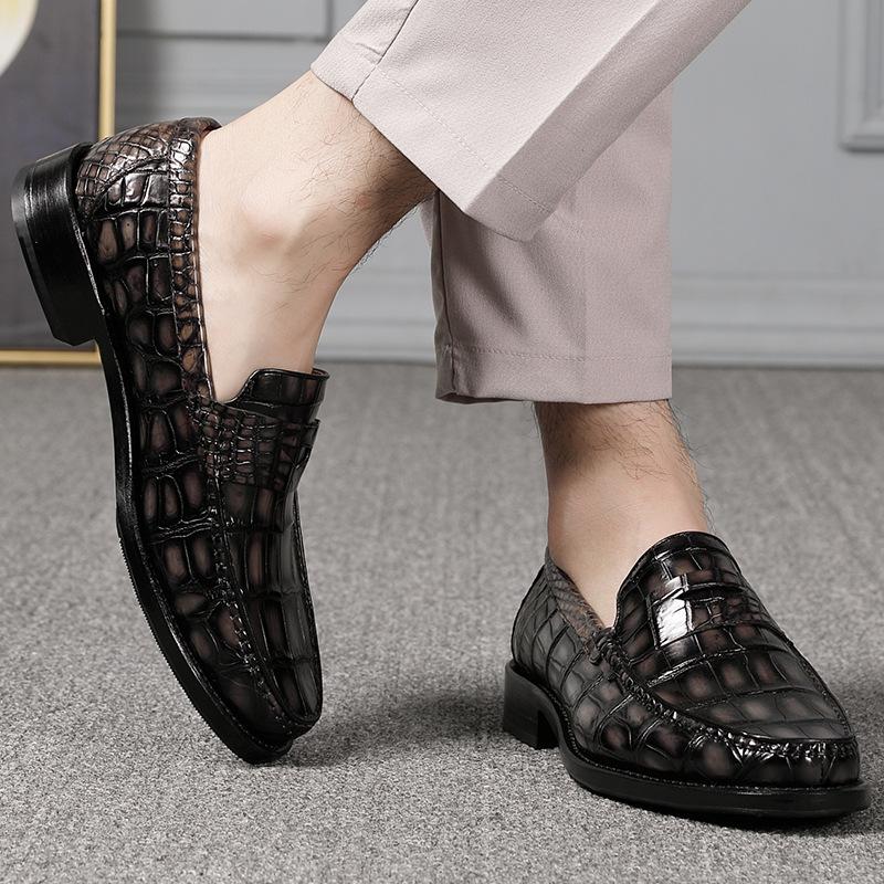 Opp France Square Pattern Brown Crocodile Loafers