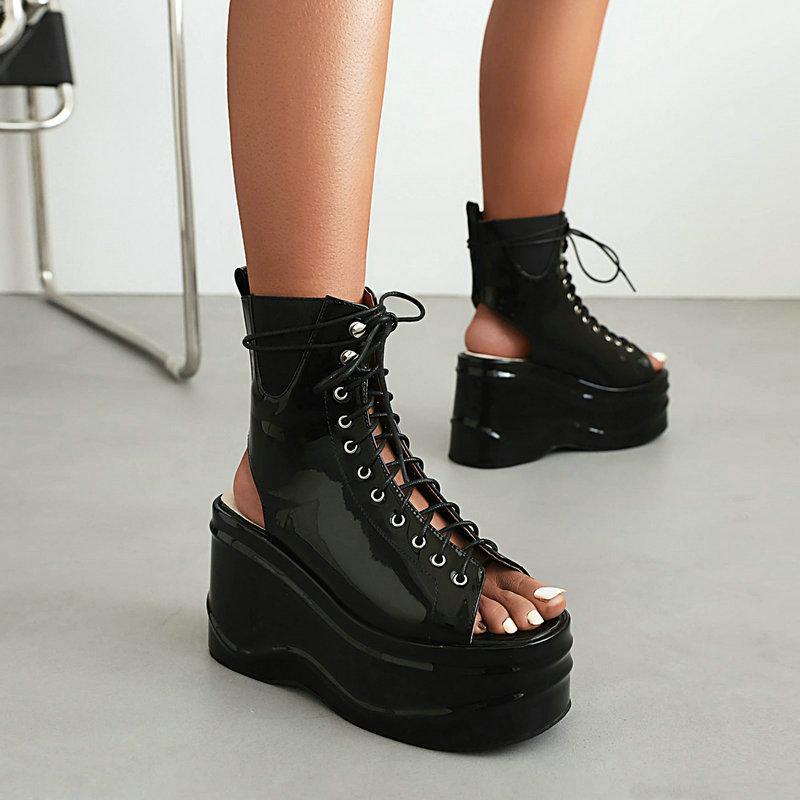 Opp France Women Cutout Lace-Up Sandals Black