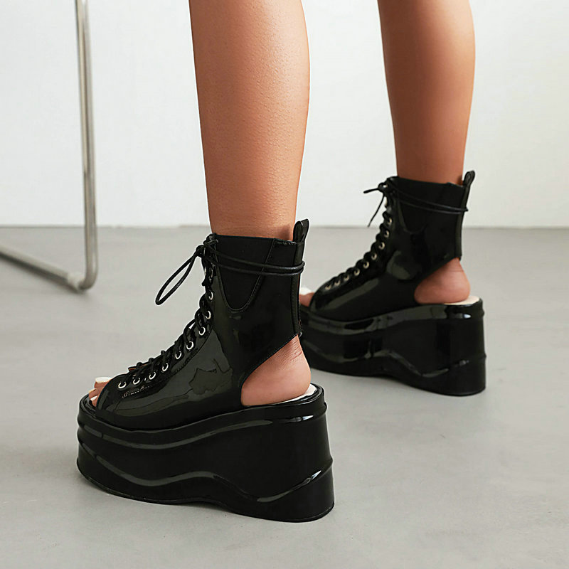 Opp France Women Cutout Lace-Up Sandals Black