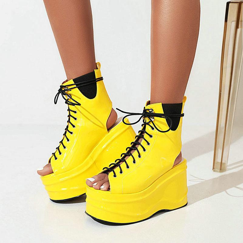 Opp France Women Cutout Lace-Up Sandals Yellow