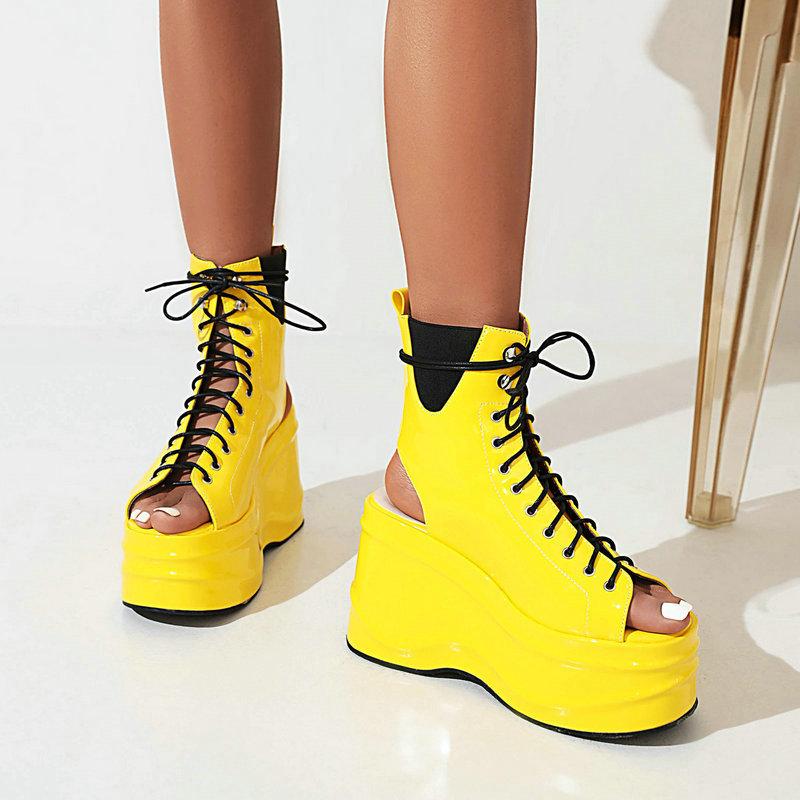 Opp France Women Cutout Lace-Up Sandals Yellow