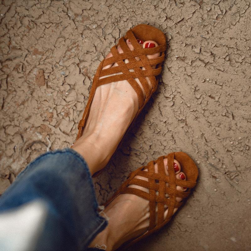 Opp France Women Flat Woven Nubuck Sandals Brown