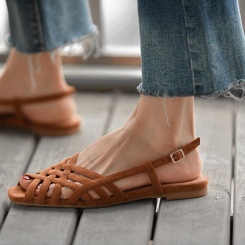 Opp France Women Flat Woven Nubuck Sandals Brown