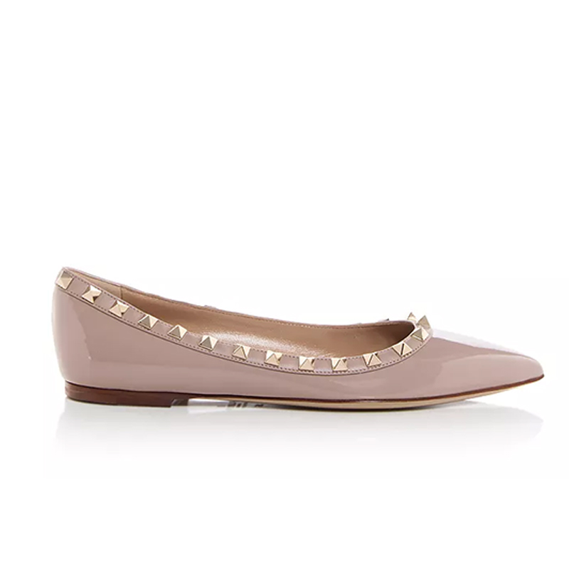 Opp France Pink Pointed Rivet Flat Patent Leather Fashionable Women’s Shoes