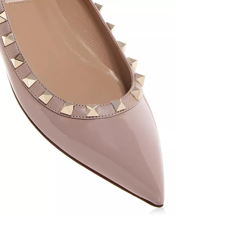 Opp France Pink Pointed Rivet Flat Patent Leather Fashionable Women’s Shoes