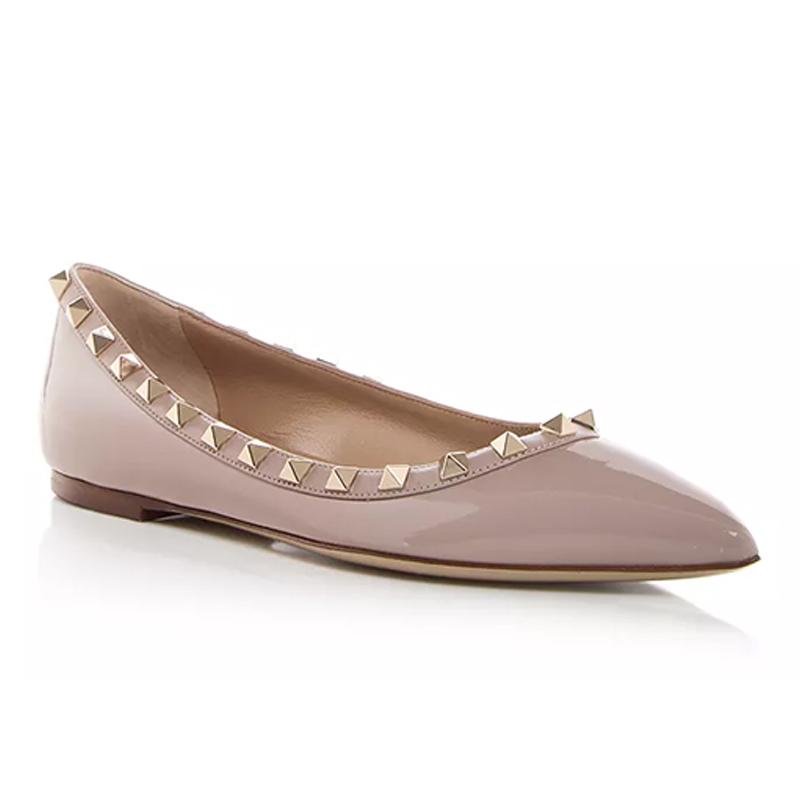 opp france Pink pointed rivet flat patent leather fashionable women’s shoes