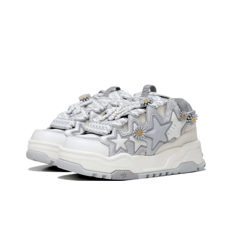 Opp France Silver Grey Flower And Star Decorated Trendy Men’s And Women’s Casual Shoes
