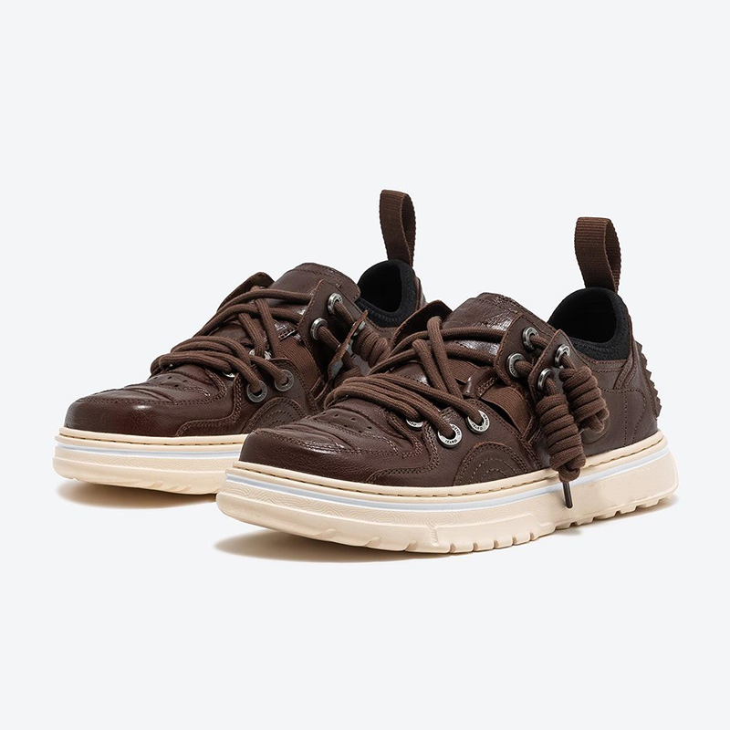 Opp France Unisex Lace-up Trendy And Personalized Cowhide Sneakers Dark Brown