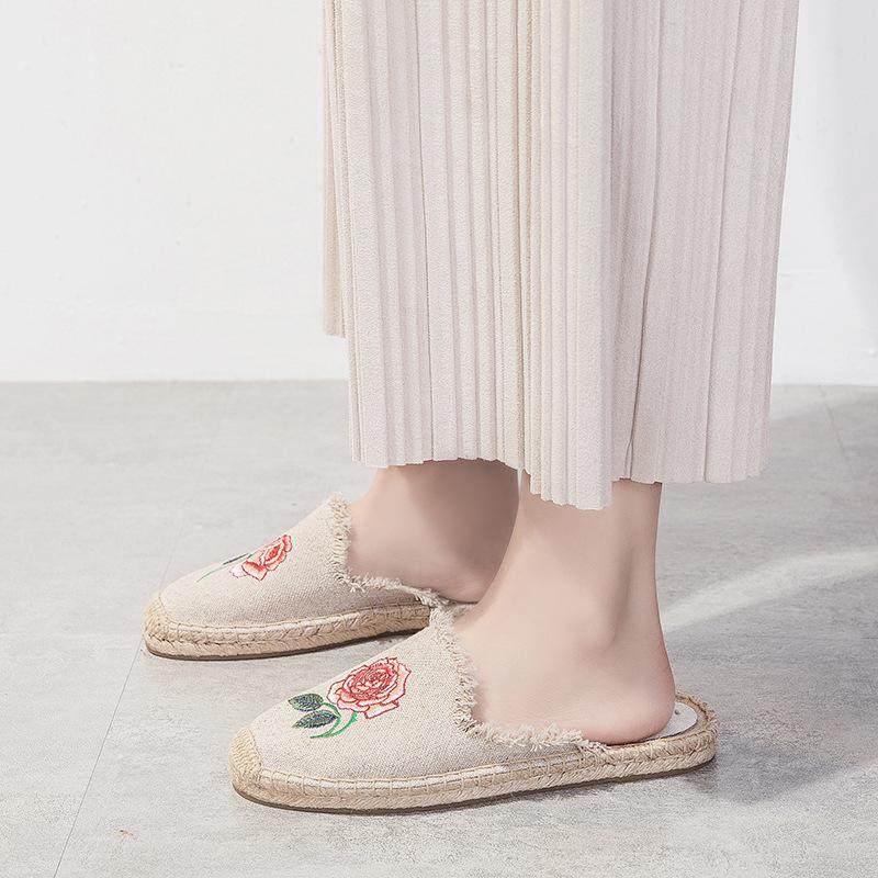 Opp France Women Embroidered Rose Fisherman Slippers Beige
