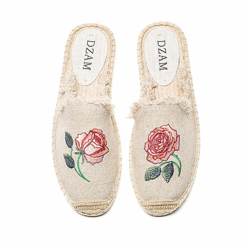 Opp France Women Embroidered Rose Fisherman Slippers Beige