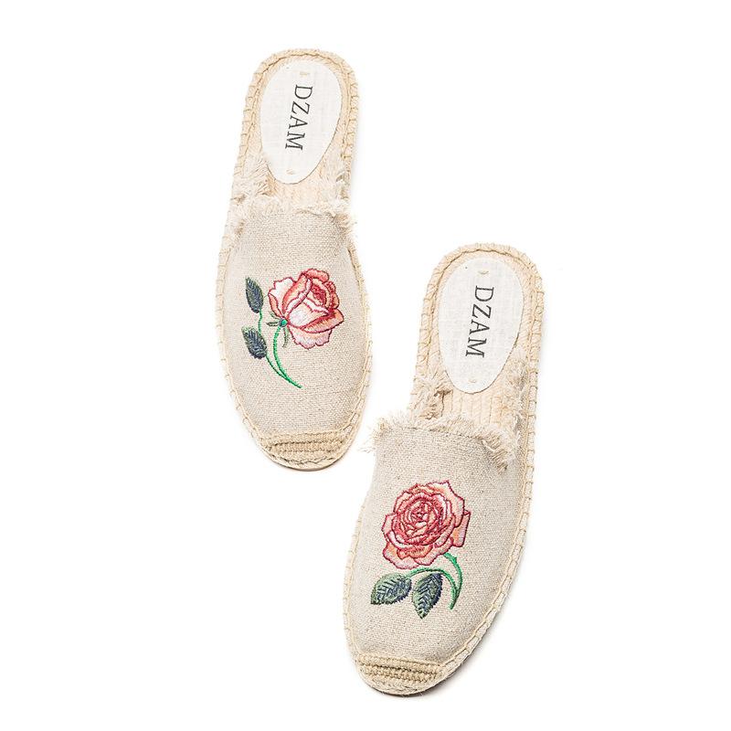 Opp France Women Embroidered Rose Fisherman Slippers Beige