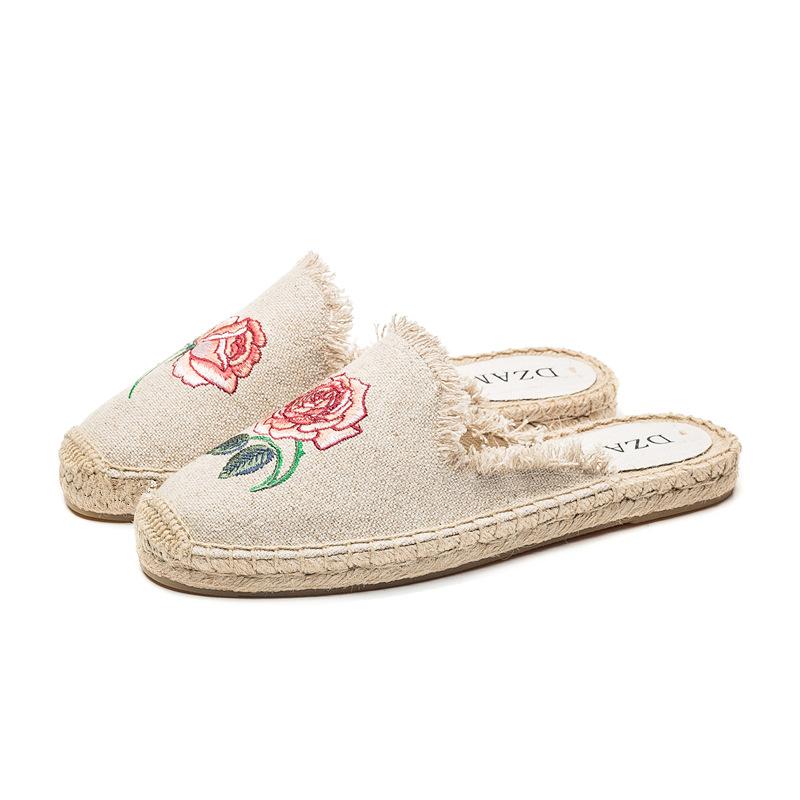 opp france Women Embroidered Rose Fisherman Slippers Beige