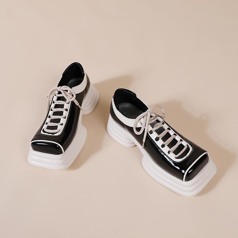 Opp France Women Hollow Platform Square Toe Leather Shoes Black