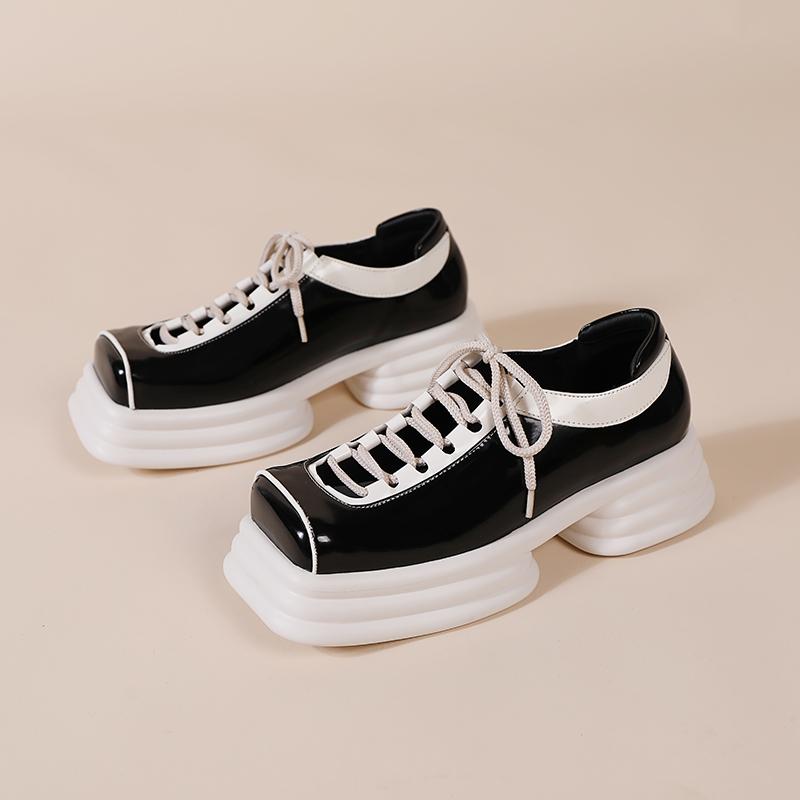 Opp France Women Hollow Platform Square Toe Leather Shoes Black