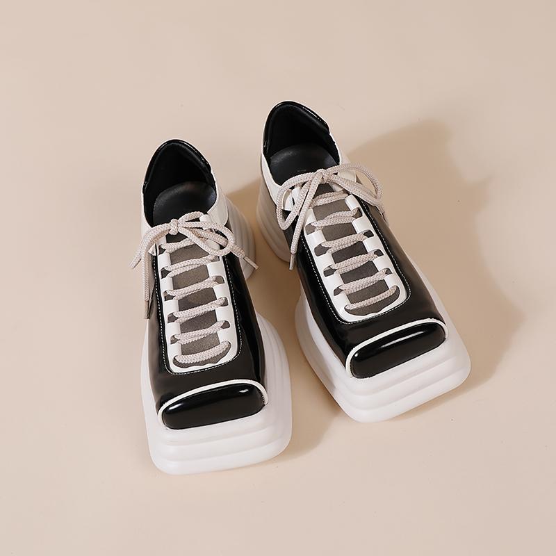 Opp France Women Hollow Platform Square Toe Leather Shoes Black