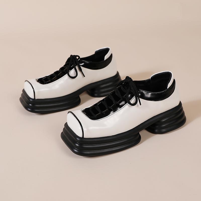 Opp France Women Hollow Platform Square Toe Leather Shoes White