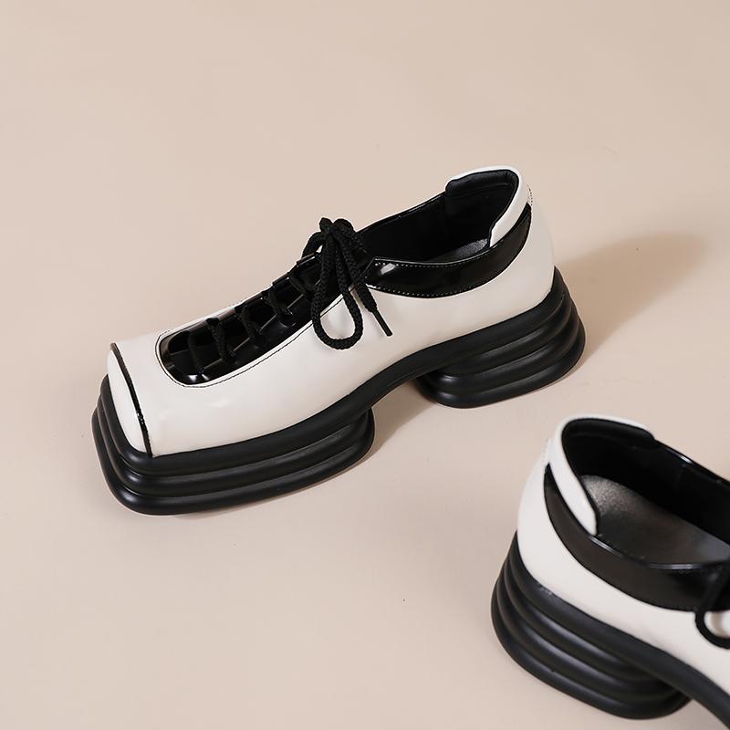 Opp France Women Hollow Platform Square Toe Leather Shoes White