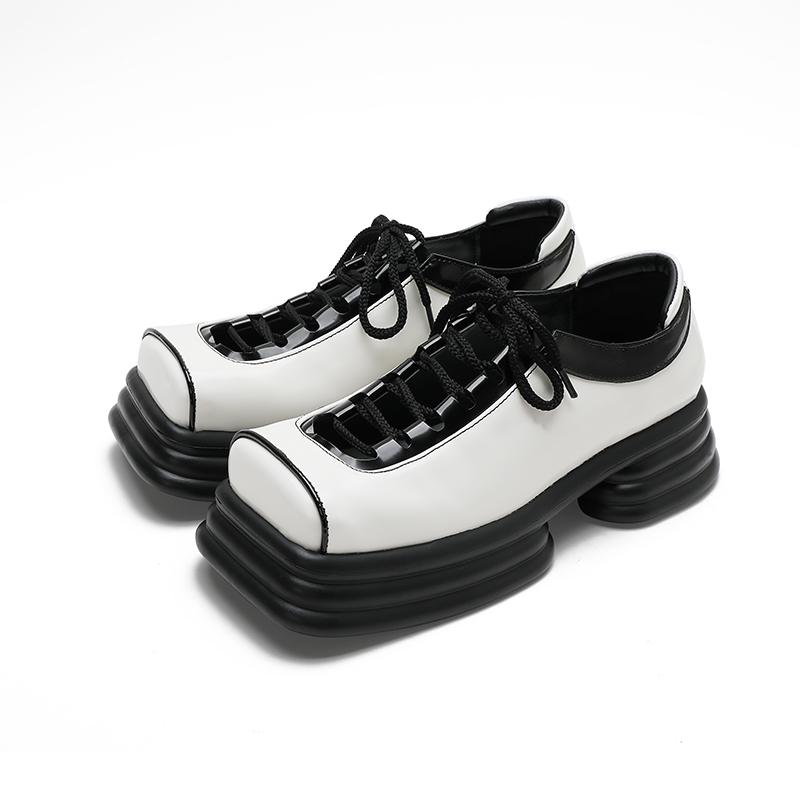 opp france Women Hollow Platform Square Toe Leather Shoes White