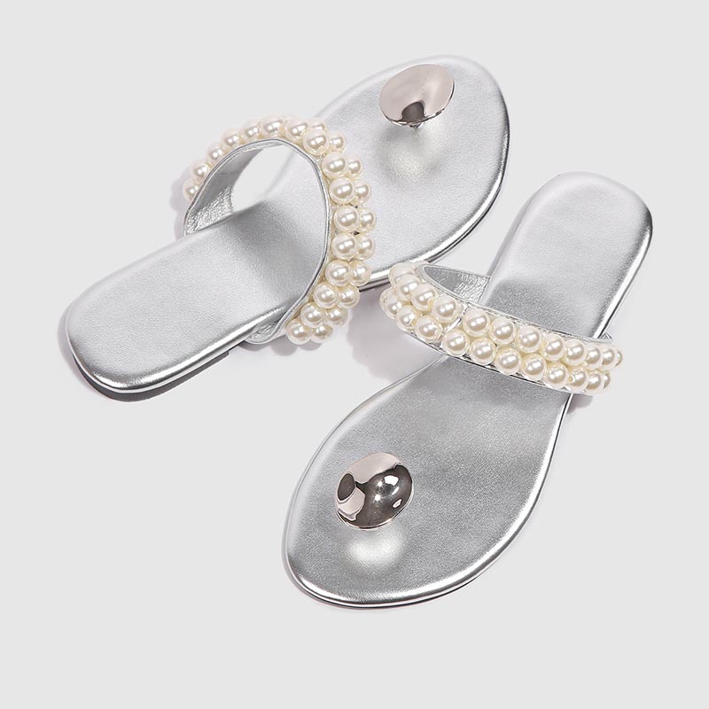 Opp France Women Niche Design Pearl Slippers Silver