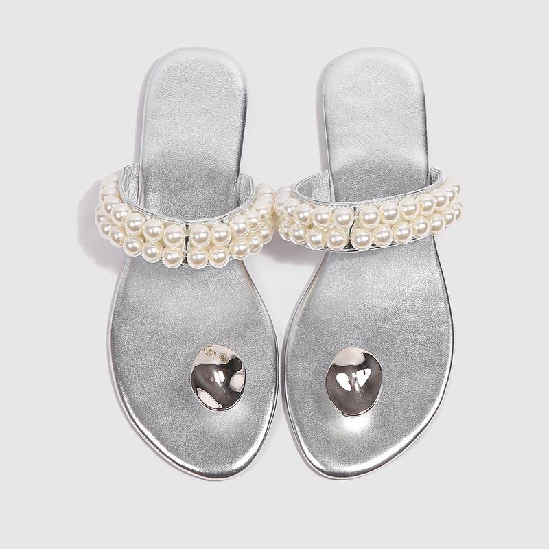 Opp France Women Niche Design Pearl Slippers Silver