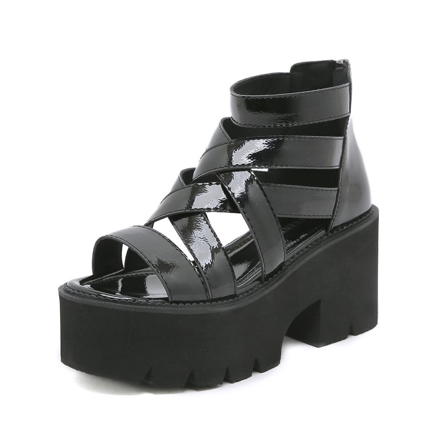 opp france Women Patent Leather Platform Roman Sandals