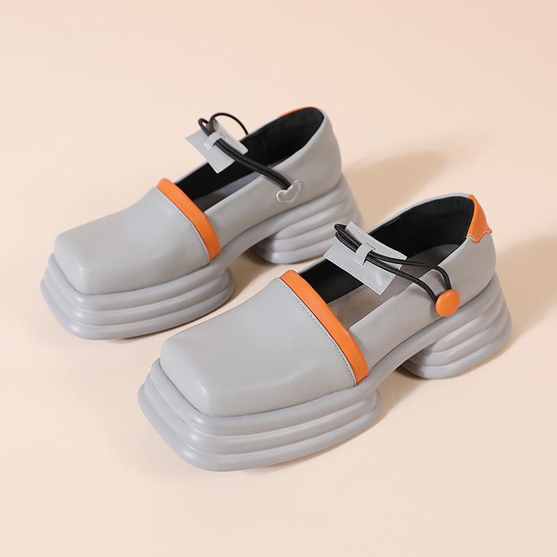 Opp France Women Retro Color-blocking Platform Leather Shoes Gray