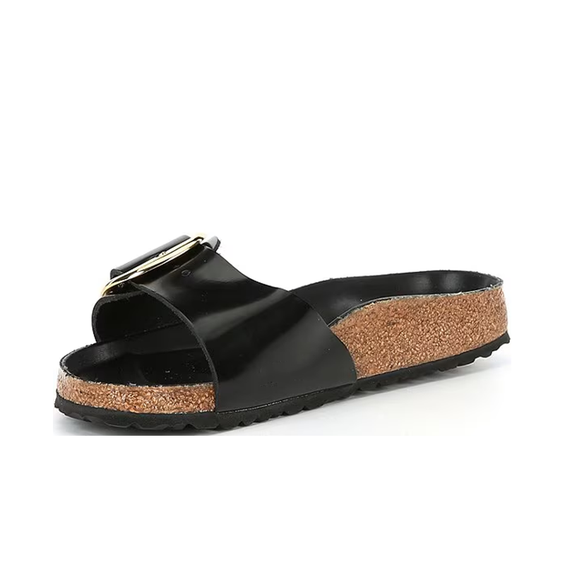 Opp France Women’s Big Buckle Leather Sandals Thick-soled Non-slip Slippers Black