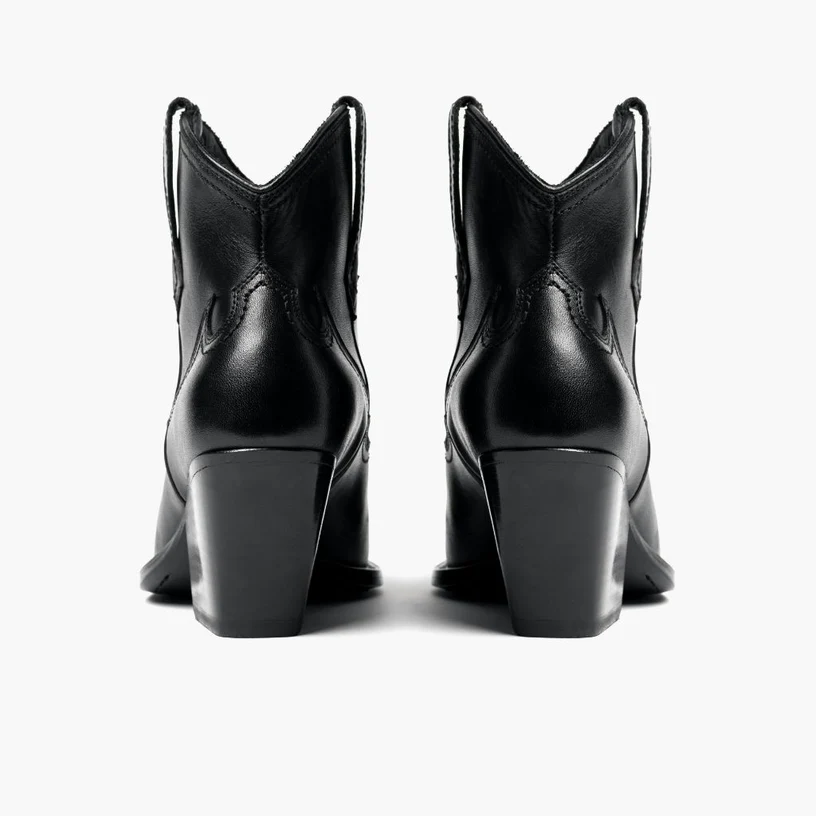 Opp France Women’s Chunky Heel Pointed Toe Western Style Pattern Leather Ankle Boots Black