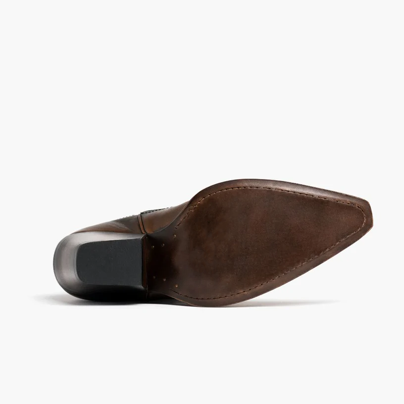 Opp France Women’s Chunky Heel Pointed Toe Western Style Pattern Leather Ankle Boots Café