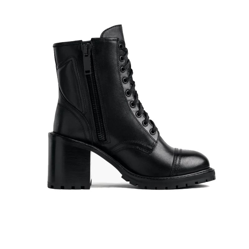 Opp France Women’s Chunky High Heel Lace-up Zipper Leather Martin Boots Black